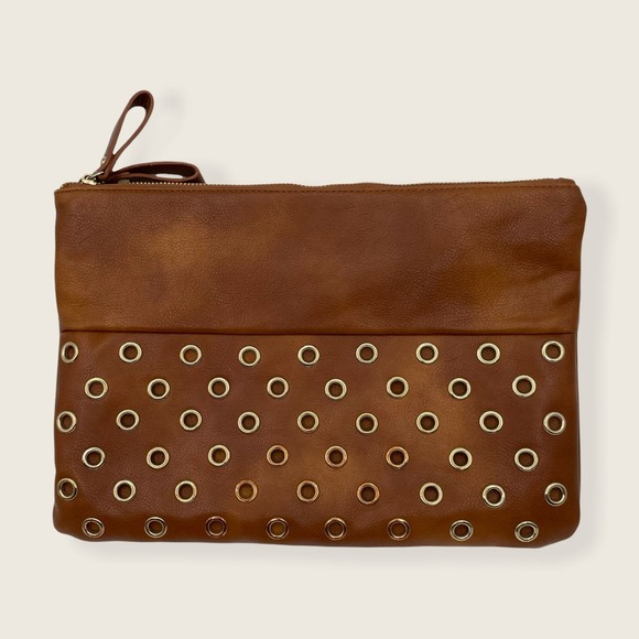 Chico’s Jamie Double Zip Clutch Bag Distressed Brown Vegan PU Gold Tone Grommets - Picture 1 of 10